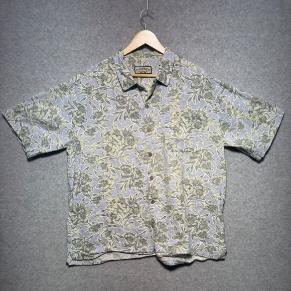 Pusser's Other - Pusser's Island Style Men Large Floral‎ Linen Short Sleeve Button Up Shirt Blue